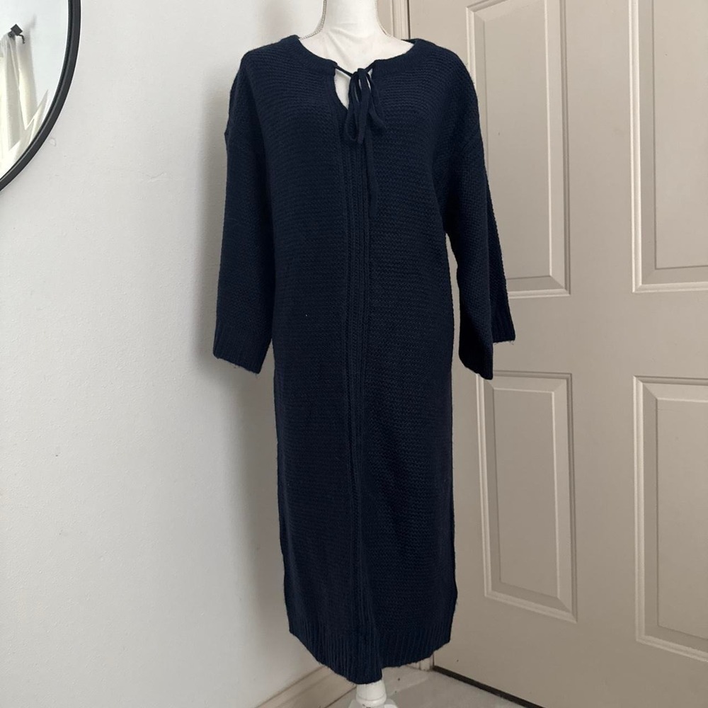 J crew relaxed tie neck sweater dress in navy